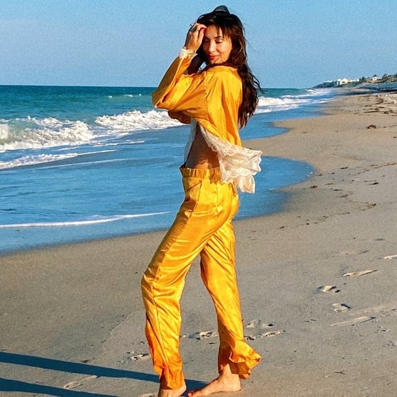 Vintage Mustard Gold High Waist Flare Pants Set